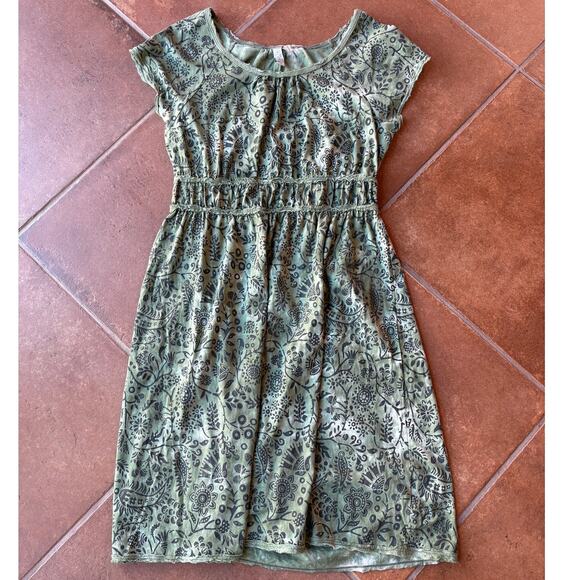 Sahalie Olive Cotton Jersey Pullover Dress w Block Print Pattern, Tie Dye size L - Picture 11 of 11